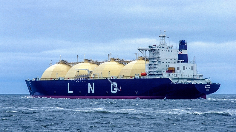 GGR8JK LNG Carrier Mraweh, sailing down the river Elbe near Cuxhaven, Germany.
