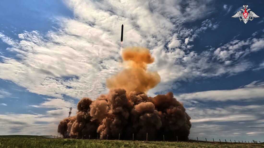 In this image made from video provided by Russian Defense Ministry Press Service on Tuesday, May 12, 2026, Russia's new Sarmat intercontinental ballistic missile is test launched at an unspecified location in Russia. (Russian Defense Ministry Press Service via AP)