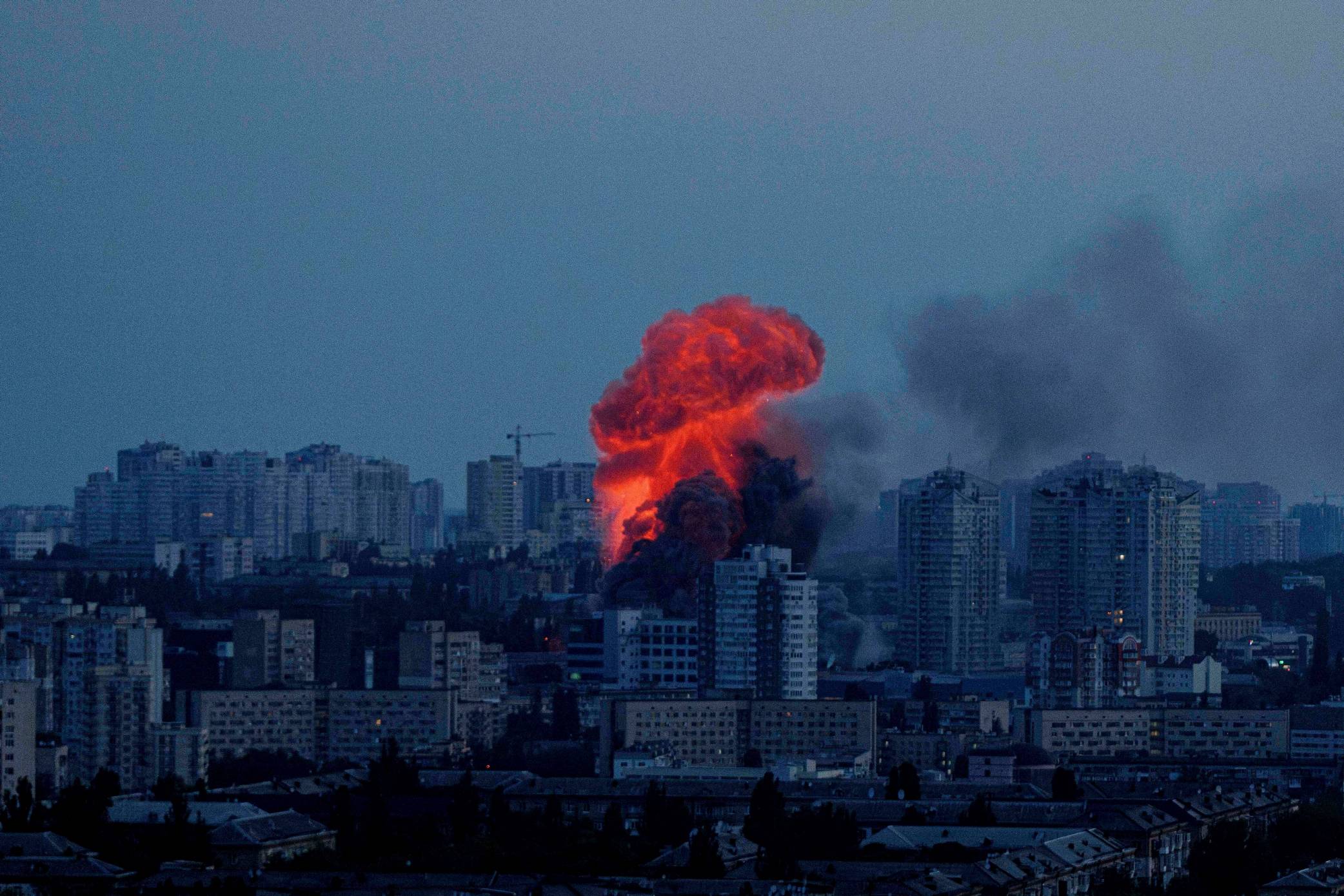 Explosion is seen after Russian air strike on Kyiv, Ukraine, on Friday, June 6, 2025. (AP Photo/Evgeniy Maloletka)