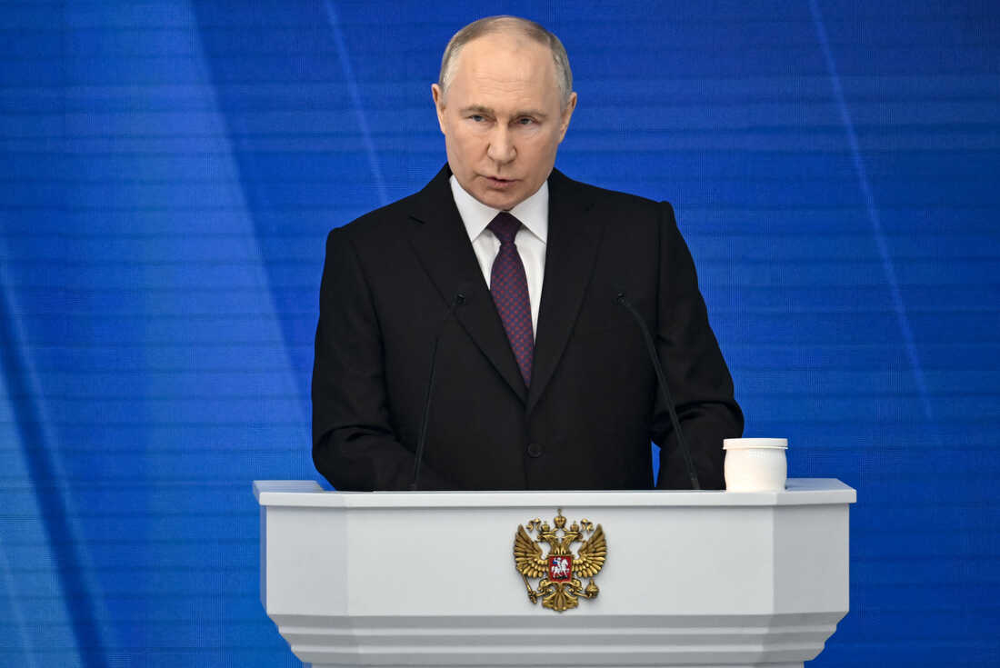 Russian President Vladimir Putin delivers his annual state of the nation address at the Gostiny Dvor conference centre in central Moscow on February 29, 2024. (Photo by Alexander NEMENOV / AFP)